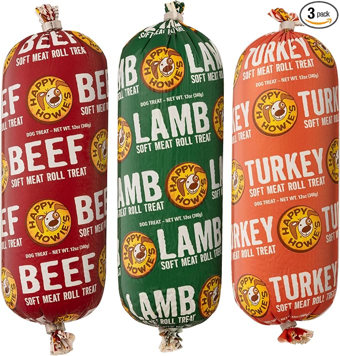 Happy Howie's Soft Meat Roll Treat - Soft Dog Food Rolls, Natural Ingredients, for All Dogs, Made in USA - Beef, Lamb, Turkey, 12 Oz (Pack of 3)