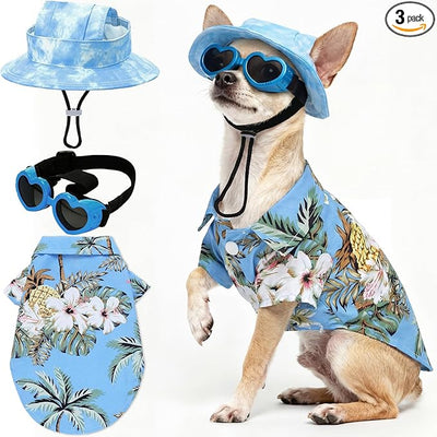 Small Summer T-Shirts Set Include Adjustable Pet Hat with Ear Holes Breathable Hawaiian Dog Shirt Heart Shape Sunglasses Beach Outfit Set for Puppy Small Medium Pets Dog Cat(Blue,M)