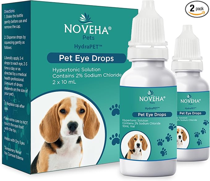 NOVEHA HydraPet™ Pink Eye Drops for Dogs & Cats | Lubricating Artificial Tears with 2% Sodium Chloride, Relieves Corneal Edema & Pets Dry Eye Syndrome, Irritated Animal Eyes - 10mL (Pack of 2)