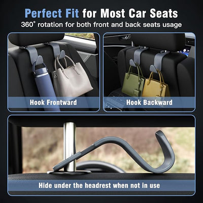 Amooca Car Seat Headrest Hook 4 Pack Hanger Universal Vehicle Car Storage Organizer for Handbag Purse Coat S Type Grey