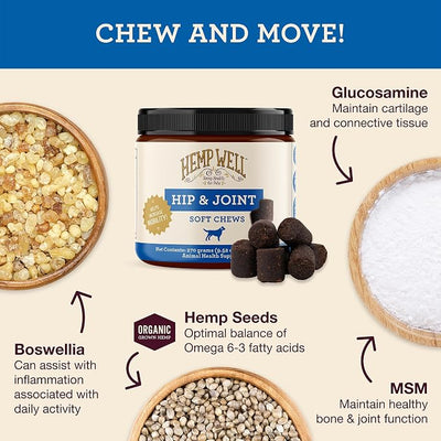 Hemp Well Hip & Joint Soft Chews for Dogs, Hemp, Glucosamine, Chondroitin