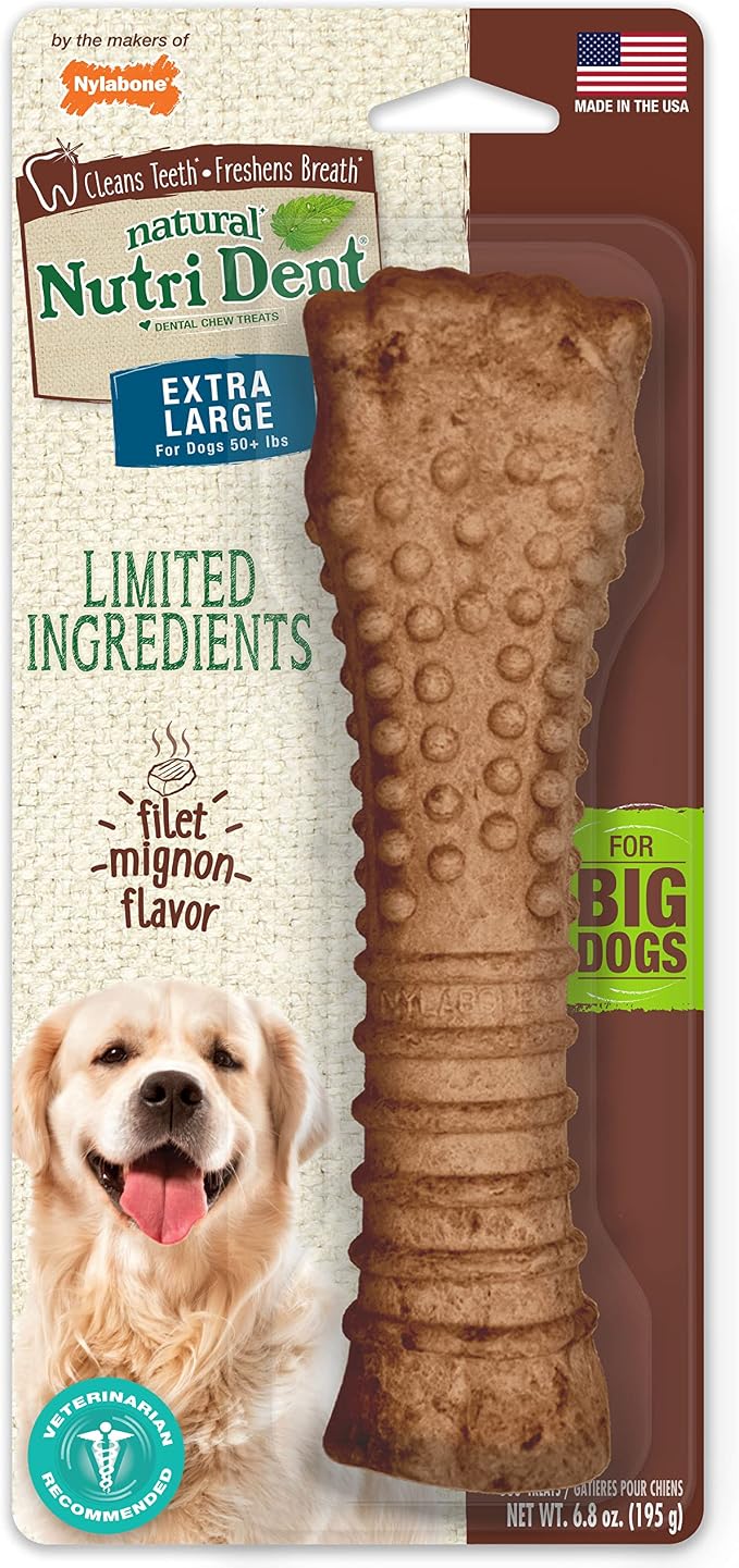 Nylabone Nutri Dent Dog Dental Chews - Natural Dog Teeth Cleaning & Breath Freshener - Dental Treats for Dogs - Filet Mignon Flavor, X-Large (1 Count)