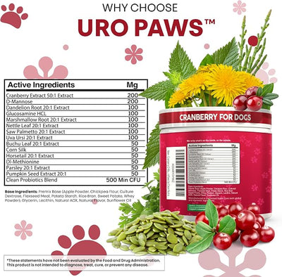 Dog UTI Treatment | Cranberry for Dogs | Urinary Tract Bladder Control | D-Mannose Dandelion Glucosamine HCL Marshmallow Nettle Leaf Saw Palmetto Uva Ursi Horsetail Beef Flavor by Clean Nutra Pets