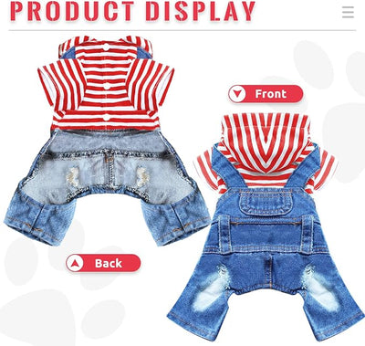 Small Dog Hoodie Clothes Cute Stripe Shirts Denim Jumpsuit One-Piece Outfit for Small Medium Dogs Cats Boy Girl Chihuahua Blue Jeans Overalls Puppy Costume (Red,XS)