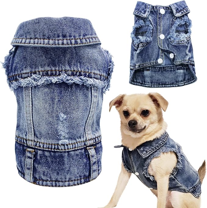 SILD Pet Clothes Dog Jeans Jacket Cool Blue Denim Coat Small Medium Dogs Lapel Vests Classic Hoodies Puppy Blue Vintage Washed Clothes