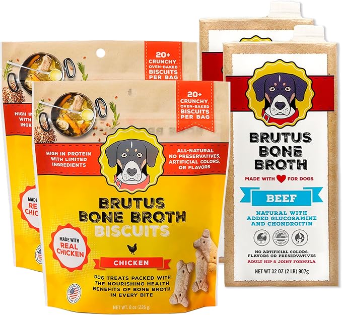 Brutus Bone Broth for Dogs Bundle Pack - Chicken Biscuits Dog Treats, Pack of 2 (8oz) and Beef Bone Broth Food Toppers, Pack of 2 (32oz) - All Natural, Tasty & Nutritious