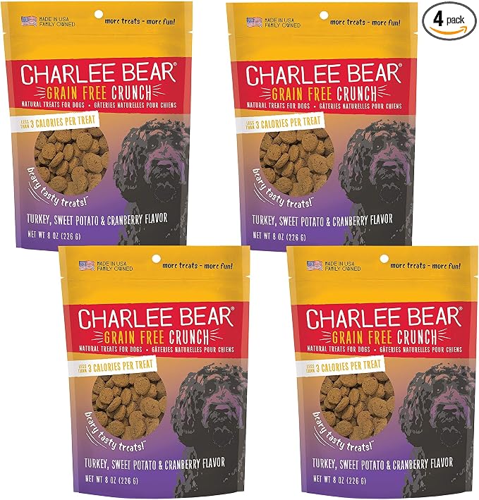 Charlee Bear Dog Treats Small Dogs Training Treats Crunchy Low Cal, Grain Free Canine Snacks, USA, Puppy Training Biscuits, Turkey, Sweet Potato & Cranberry, 4 Pack, 8oz Ea