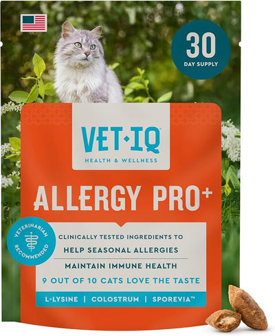 VetIQ Allergy Pro+ Relief, Cat Allergy Treats, Supplement & Vitamins with Probiotics, Fish Oil, Tart Cherry, Skin & Coat Support, Sneezing & Itching Relief, Seasonal Allergies, 3.7oz