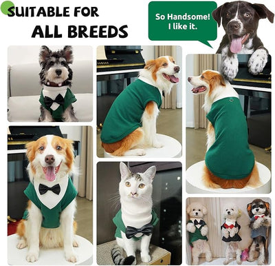 Cute Dog Fleece Sweater with D-Ring, Fall Winter Dog Clothes Tuxedo Costume with Bowtie, Soft Puppy Sweatshirt Corgi Bulldog Apparel Dachshund Outfits for Small Medium Large Dogs(Green,4XL)