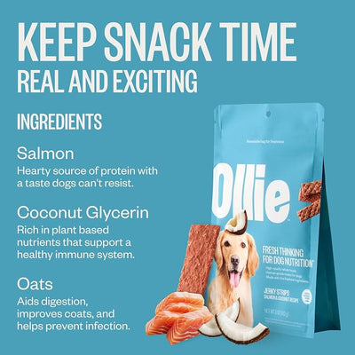 Ollie Salmon and Coconut Jerky Dog Treats, 5 oz Pack of 3, All Natural, Healthy Snacks, Made with Real Meat, Human Grade, for Dogs