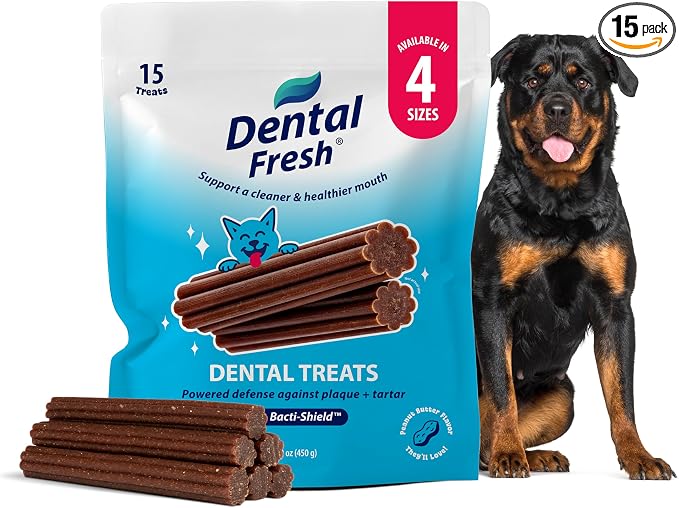 Dental Fresh Dental Treats for Large Dogs, Vet-Formulated Teeth Cleaning Dental Sticks to Help Reduce Plaque and Tartar and Freshen Breath, 15 Count Brush Free Dental Chews for Dogs 50 lbs and Up