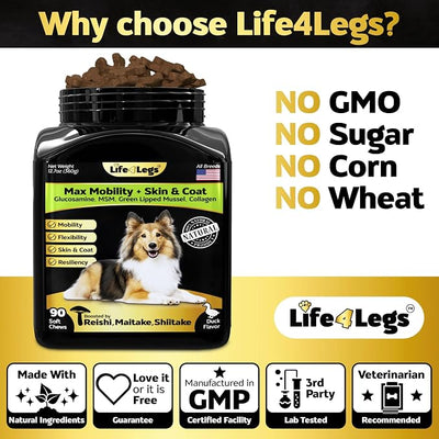 Dog Skin and Coat Supplement, Bacon Flavor, 90ct | 800mg Collagen, Omega 3, Glucosamine, MSM, Coat Shine, Normal Shedding, Hip and Joint Support