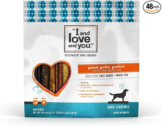 I and love and you Good Golly Gullet Stix - Beef - Rawhide Alternative, Single Ingredient, Free Range Grass Fed Beef, 6in, 48ct