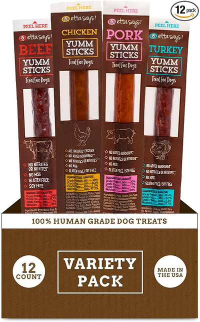 etta says! Yumm Sticks - Real Meat Jerky Dog Jerky Treats - Beef, Chicken, Pork, and Turkey Variety Pack - Human Grade - Made in The USA (12 Count Pack of 1)