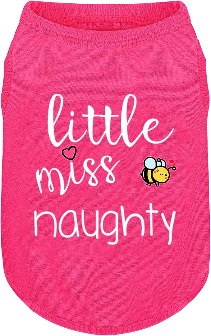 Pink Cotton Dog Shirt with 'Little Miss Naughty' Bee Print, Soft & Breathable Pet Apparel for Small to Large Dogs, All-Season Sleeveless Vest, Cute and Comfortable Dog Outfit.Pink 3XL