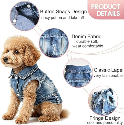 Jean Jacket, Blue Denim Lapel Vest Coat T-Shirt Costume for Small Medium Dogs Cats, Cute Girl Boy Puppy Clothes, Comfort and Cool Apparel, Machine Washable Outfits (L, Blue)