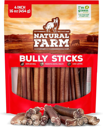 Natural Farm Odor-Free Bully Sticks (4”, 16oz) All-Natural Long-Lasting Chews, 100% Beef Pizzle, Grass-Fed, Grain-Free, Hormone-Free, Protein for Muscle Development & Energy, Perfect for Small Dogs