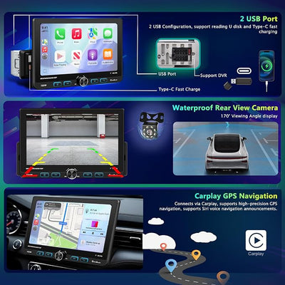 7" Single Din Touchscreen Radio, Floating Car Stereo with Wireless Apple CarPlay & Android Auto,30° Adjustable HD IPS Touchscreen,FM/AM,Bluetooth 5.2,USB & Type-C,MIC,Physical Knob, Backup Camera