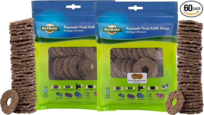 PetSafe Busy Buddy Treat Ring Variety Pack - Engaging Treat-Holding Toy Refill - Easy-Open Resealable Bags - Medium - Peanut Butter & Original Rawhide Flavors - 60 Count