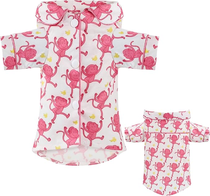 Dog Shirts for Small Dogs Puppy Pajamas Cute Pet Clothes Soft Button Down T Shirt Summer Outfit (Pink Monkey, L)
