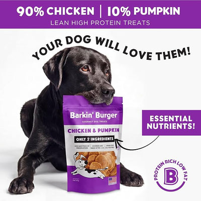 Barkin Burger - Only 2 Premium Ingredients. All Natural Dog Treats - Grain Free, Free from Fillers and Preservatives - Perfect for Sensitive Stomachs, Made in USA (5oz, Chicken & Pumpkin)