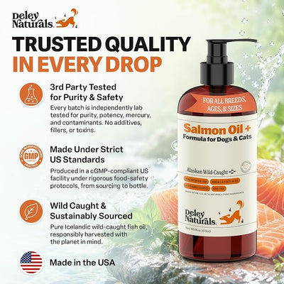 Deley Naturals Wild Alaskan Salmon Oil for Dogs & Cats - New and Improved Salmon Oil Plus Formula - Fish Oil for Dogs with Omega 3, DHA and EPA - Omega 3 for Healthy Skin and Coat - 16oz Made in USA