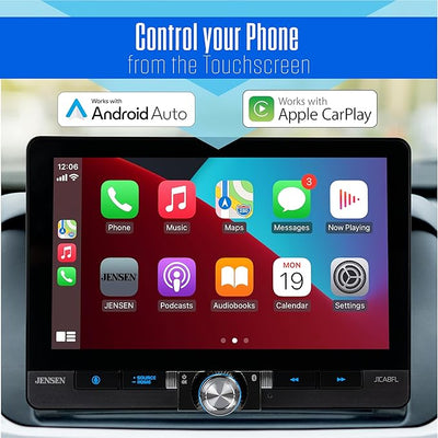 Jensen J1CA8FL 8" Wireless Apple CarPlay Android Auto Single/Double DIN | Fits single or double DIN, wired or wireless Certified Apple CarPlay plus Android Auto, front and rear camera inputs, USB