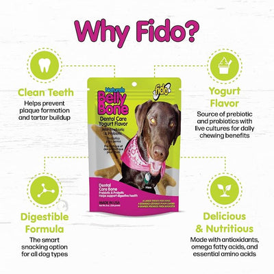 Fido Belly Bones for Dogs, Large - 4 Count - Yogurt-Flavor Dental Treats for Large Dogs - Plaque & Tartar Control for Fresh Breath - Digestive Support - Made in USA