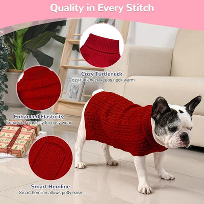 Dog Sweater 2 Pack for Medium Dogs, Size L, Pink & Red | Stretchy cable knit turtleneck, machine washable, high belly cut, comfy winter fit for French Bulldog, Corgi