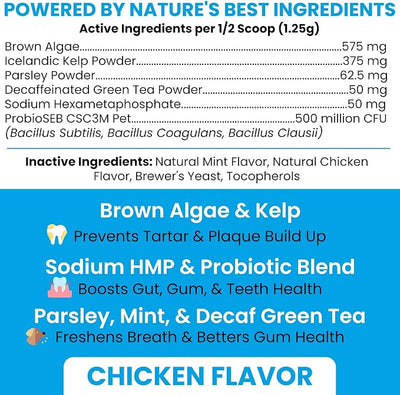 Advanced Dog Dental Powder 4oz - Teeth Cleaning, Tartar, & Plaque Remover | Aids Bad Breath, Biofilm, Gum, and Tooth Health - Made with Brown Algae, Kelp, Parsley, and Green Tea