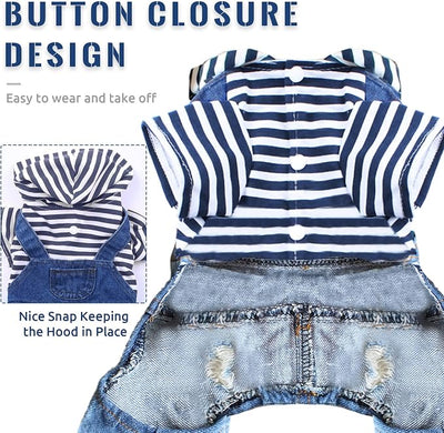 Small Dog Hoodie Clothes Cute Stripe Shirts Denim Jumpsuit One-Piece Outfit for Small Medium Dogs Cats Boy Girl Chihuahua Blue Jeans Overalls Puppy Costume (Blue,XS)