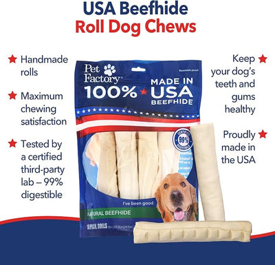 Pet Factory 100% Made in USA Beefhide 8" Rolls Dog Chew Treats - Natural Flavor, 10 Count/1 Pack