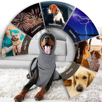DENTRUN Dog Anxiety Vest for Calming Relief – Weighted Pressure Shirt with Noise Cancelling Ear Wraps for Fireworks Thunderstorm Separation Travel Vet Visit, Soft Stretchy Hoodie for Pets