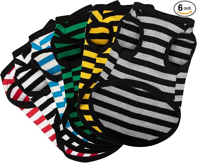 Paiaite 6-Piece Striped Shirt Set: Sleeveless Cotton Puppy Dog Shirts, Breathable Pet Apparel Tank Tops, Colorful Sweatshirts for Small & Medium Dogs (XS)
