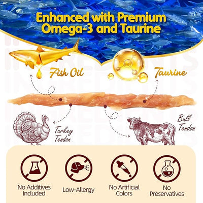 TailParty Turkey Tendons for Dogs with Fish Oil & Taurine (Strip, 1 lb), All Natural Dental Chews & Training Treats, Long Lasting Snack for Health-Conscious Pet Owners