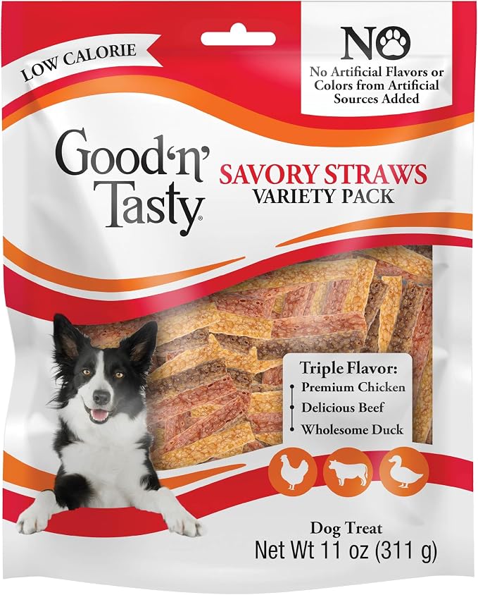 Good 'n' Tasty Savory Straws Variety Pack Treats for All Dogs, Crunchy Veggie Straw-Inspired Low-Calorie Gourmet Dog Treats, Real Chicken, Beef or Duck, 11 oz