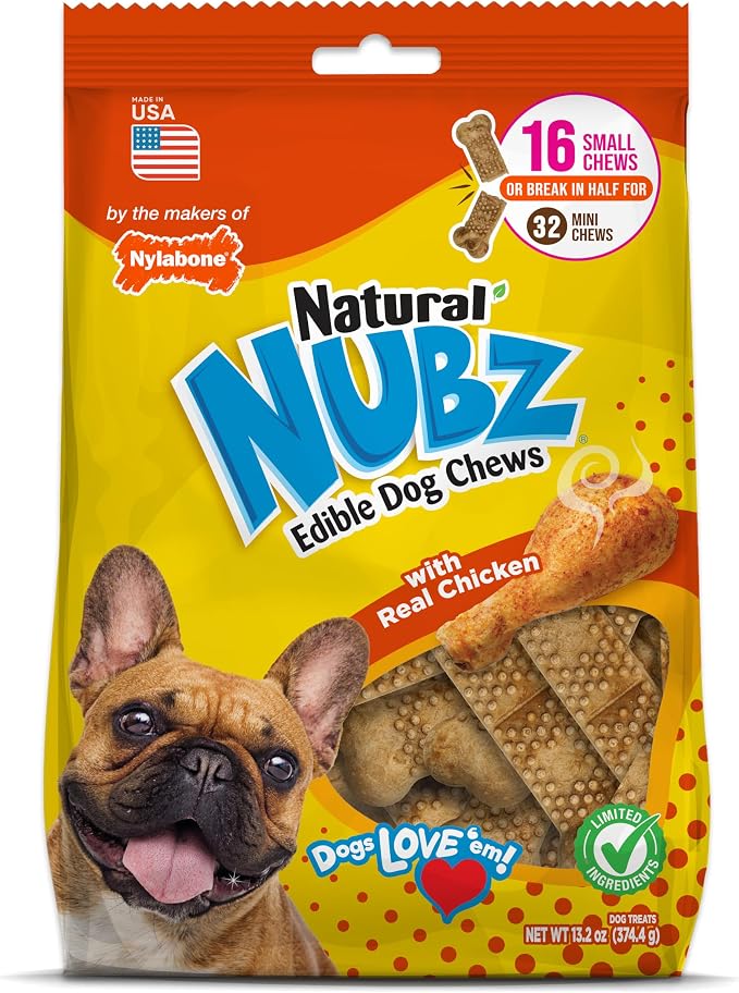 Nylabone Nubz Natural Dog Treats for Small Breeds, Long Lasting Chew Bones Made in USA, Chicken Flavor Breath Freshener Dental Chews, Small Dog Bones, Up to 30 lbs. (16 Count)