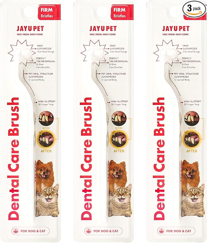 JAYU PET Dental Care Brush (Firm Bristles) 3ea - Resilient Dog Toothbrush, Cat Toothbrush for Tartar & Plaque Removal, Horizontal Head and S-Curved Body
