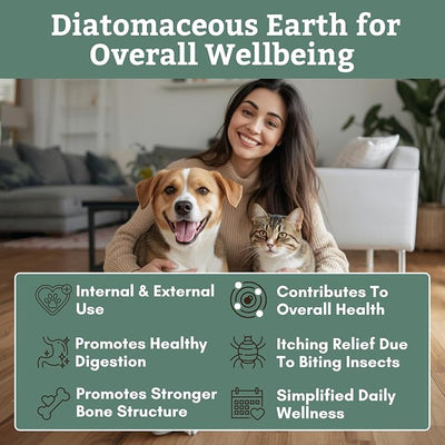 Wholistic Pet Organics Diatomaceous Earth - Food Grade for Dogs & Cats - 13 Oz - Multi Use Powder - Pet Safe Non-Chemical Freshwater Sourced Silica Supports Overall Health - Made in USA - 105 Scoops