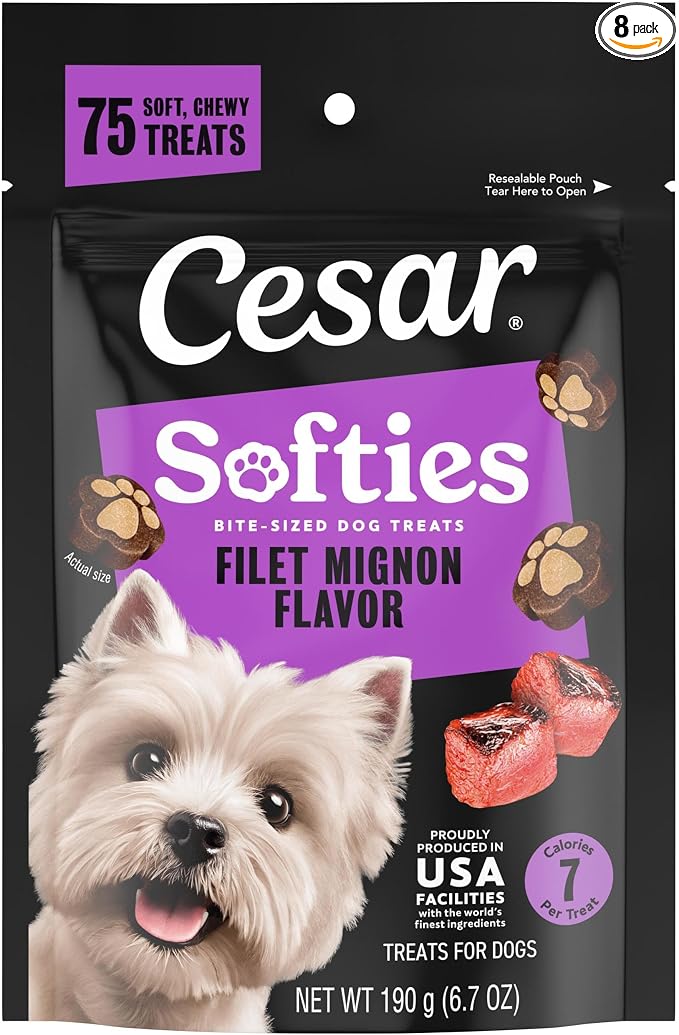 Cesar Softies Chewy Small Dog Treats Filet Mignon Flavor, 6.7 oz. Pouch (75 Treats), Pack of 8