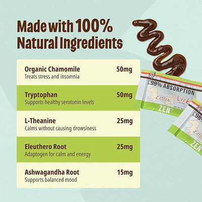 Licks Zen Calming Aid - Fast-Acting Stress & Behavior Support - for Small Breed Dogs & Cats - L-Theanine, Chamomile, Ashwagandha & Tryptohan - Pill-Free Gel Packets - 10 Packets