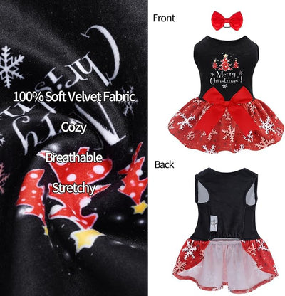 CuteBone Christmas Dog Dresses Velvet Holiday Small Dogs Clothes Onesie Pet Apparel Girl Puppy Skirt with Bow Hair Rope