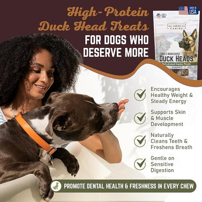 All American Canine 30 Natural Duck Head Dog Treats – Single Ingredient, Dehydrated & Digestible – Low-Fat, High-Protein Chew for Training & Dental Health – Made in USA