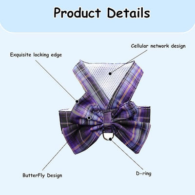 Plaid Dog Dress Bow Tie Harness Leash Set,Dog Clothes Harness Dress with Leash Ring for Small Dogs Girl, Puppy Princess Rabbit Clothes Chihuahua Yorkies Pet Outfits (Purple, X-Large)