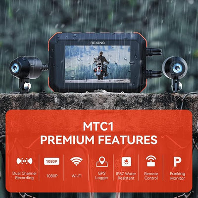 REXING MTC1 Motorcycle Dash Cam 3” LCD,Front and Rear Recording 1080p,170° Wide Angle Lens,Loop Recording,G-Sensor,Waterproof Motorcycle Camera, Parking Monitor,GPS,WiFi,128GB Max(32G Card Included)