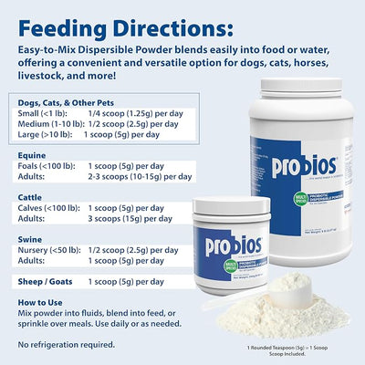 Probios Digestive Support Probiotic for Dogs, Horses, Cats, Gut Health Powder for All Species, Daily Supplement for Digestion Immune Support, 240 Grams