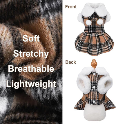 Dog Sweater with Leash Set D Ring Plaid Fleece Dog Clothes for Small Dogs Girl Boy Winter Puppy Dress Cold Weather Coat Fall XXS Sweater for Chihuahua Yorkie Cat Doggy Costumes, Khaki, M