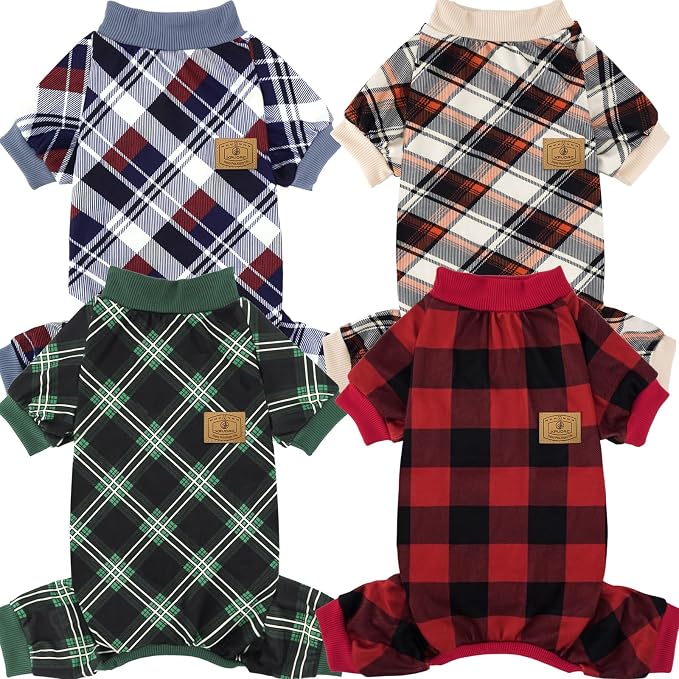 XPUDAC 4 Pack Dog Pajamas for Large Dogs Cats Plaid Doggie Clothes Puppy Onesies Christmas Pajamas Jumpsuits Pet Pjs Shirt Apparel 5X-Large, Red Green Beige Grey