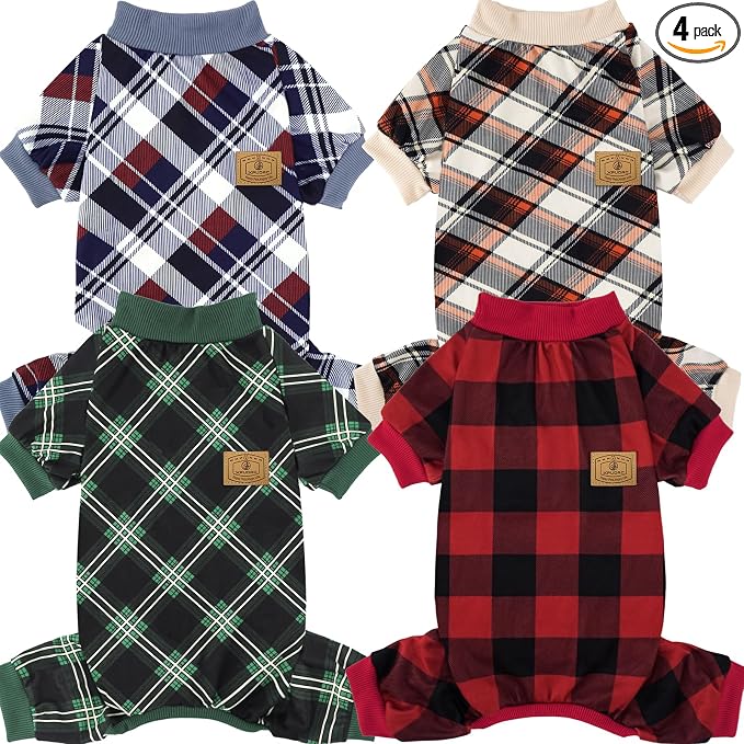 XPUDAC 4 Pack Dog Pajamas for Small Dogs Cats Plaid Doggie Clothes Puppy Onesies Christmas Pajamas Jumpsuits Pet Pjs Shirt Apparel Small, Red Green Khaki Grey