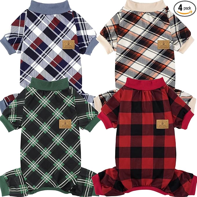 XPUDAC 4 Pack Dog Pajamas for Small Dogs Cats Plaid Doggie Clothes Puppy Onesies Christmas Pajamas Jumpsuits Pet Pjs Shirt Apparel Medium, Red Green Beige Grey
